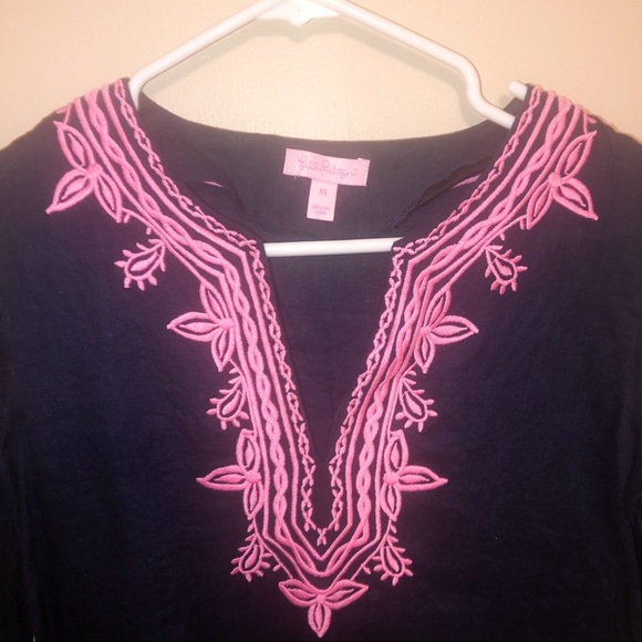 Lilly Pulitzer Amelia Island Embroidered Linen Tunic Blouse Pink Blue XS - Picture 3 of 5